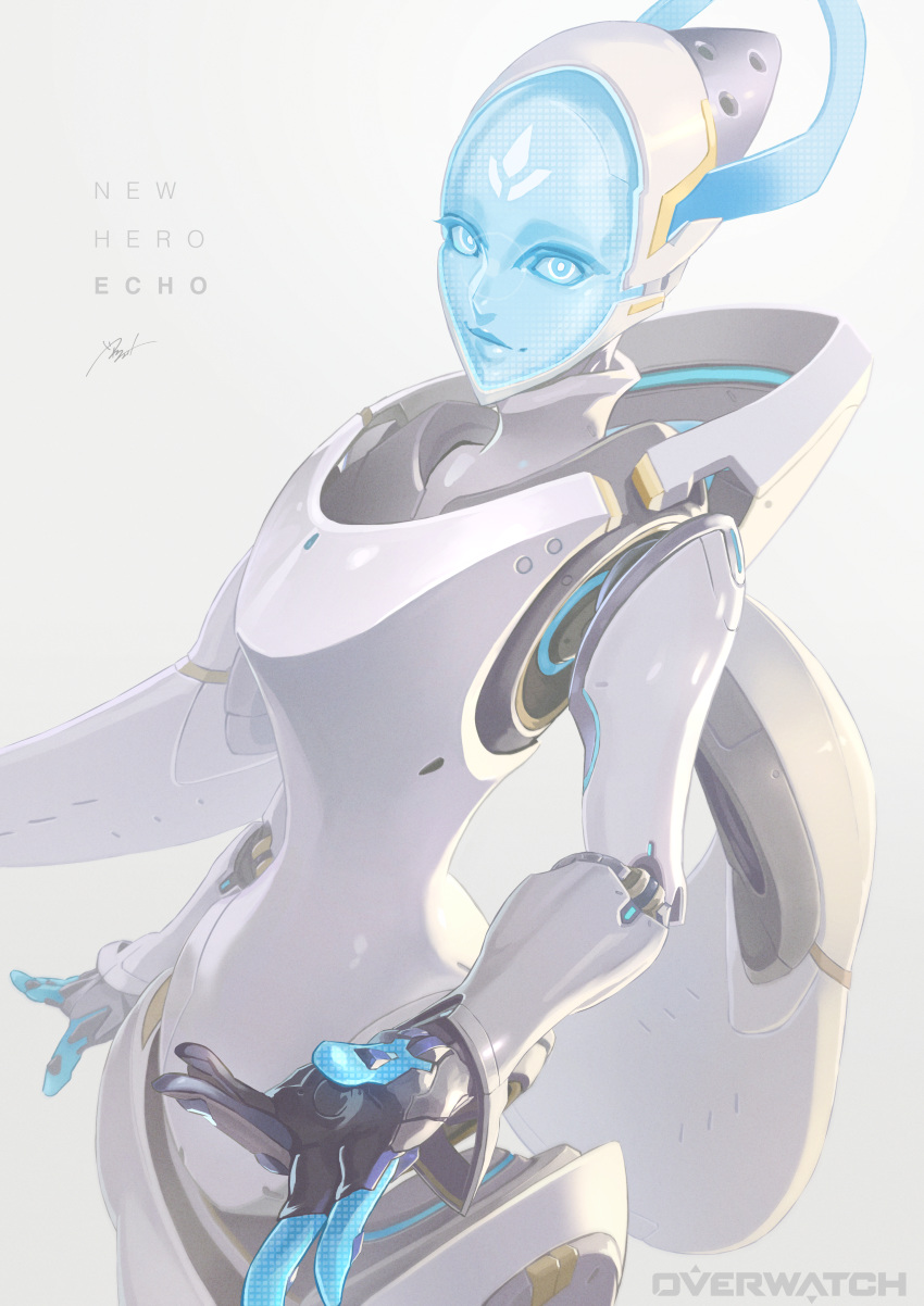 1girl absurdres blue_eyes character_name echo_(overwatch) eito_nishikawa facial_mark forehead_mark highres hologram lips looking_at_viewer mechanical_halo no_nipples outstretched_hand overwatch robot robot_joints solo