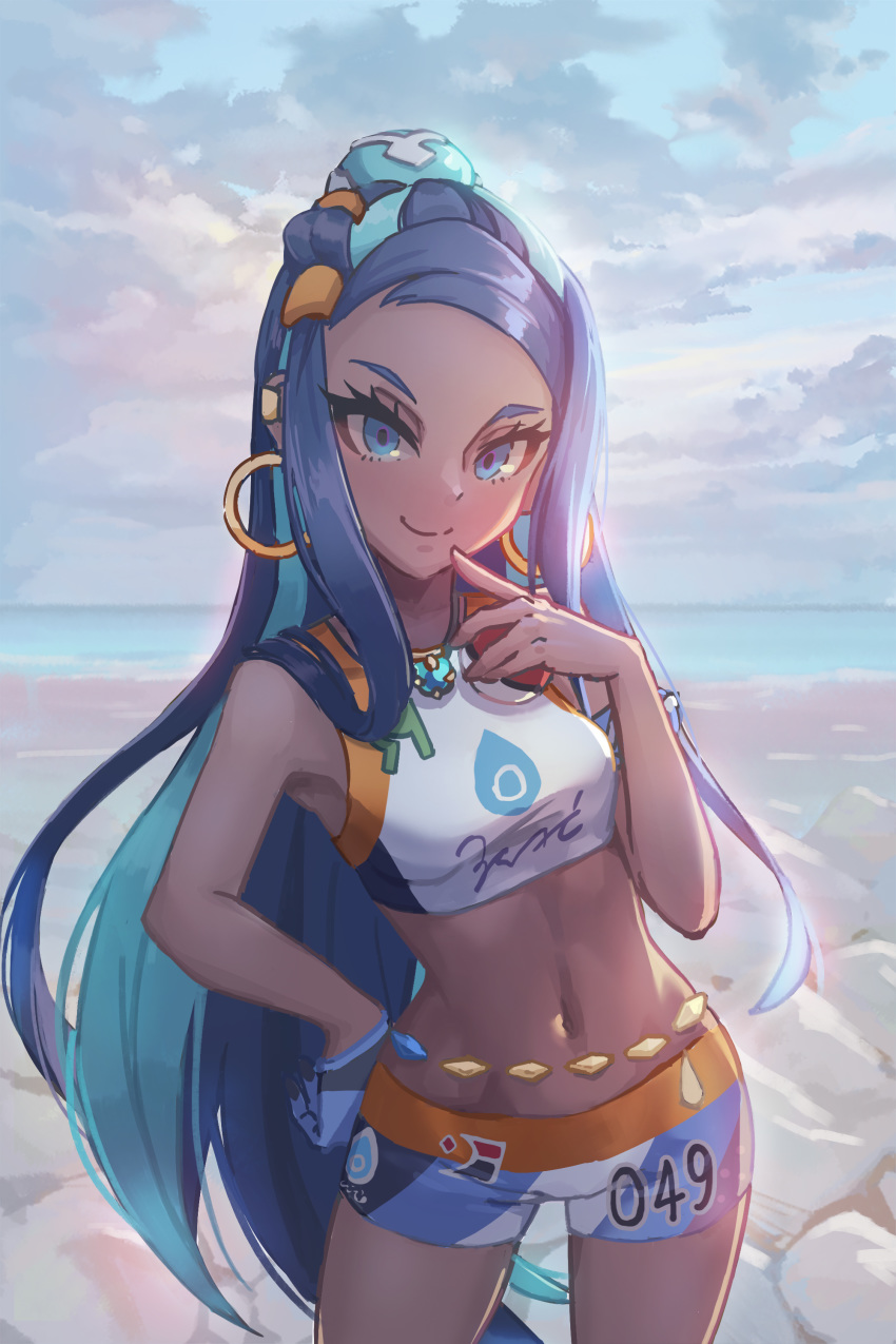 1girl absurdres aqua_hair armlet beach blue_eyes blue_hair clouds cloudy_sky cowboy_shot dark_skin ear_piercing earrings gloves gym_leader hair_bun highres holding holding_poke_ball hoop_earrings index_finger_raised jewelry looking_at_viewer multicolored_hair navel necklace number outdoors piercing poke_ball poke_ball_(generic) pokemon pokemon_(game) pokemon_swsh rurina_(pokemon) samiou single_glove sky smile solo sportswear swimsuit tankini two-tone_hair