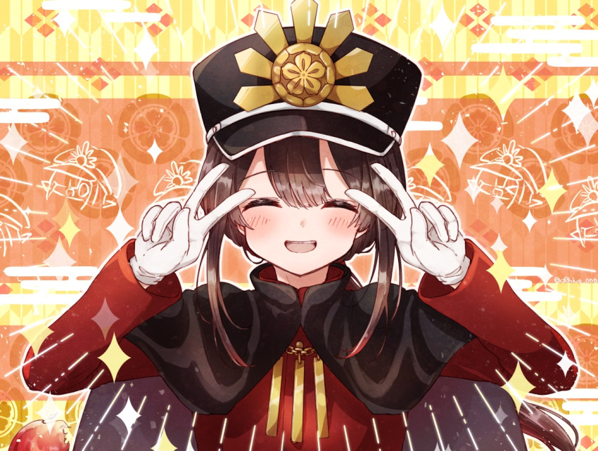 1boy artist_request bangs black_cape black_hair black_headwear blush cape closed_eyes coat double_v egasumi emotional_engine_-_full_drive family_crest fate/grand_order fate_(series) gloves hands_up hat jewelry koha-ace long_hair long_sleeves low_ponytail necklace oda_nobukatsu_(fate/grand_order) oda_uri open_mouth orange_background parody peaked_cap red_coat sidelocks smile solo sparkle v white_gloves yellow_background