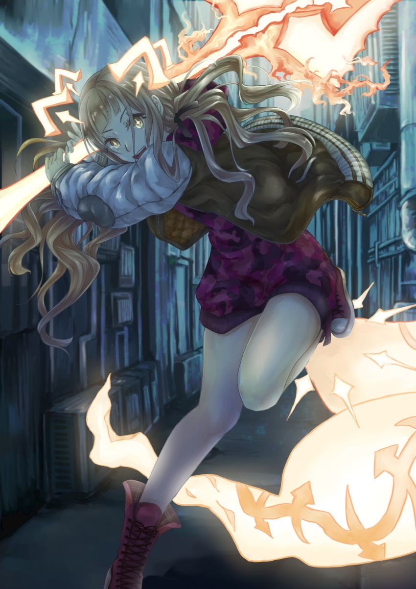 +_+ 1girl alley animal_ears bangs bare_legs blonde_hair blunt_bangs building converse cross-laced_footwear dress fighting_stance fire fox_ears fox_tail glowing glowing_eyes glowing_tail glowing_weapon hair_ribbon highres holding holding_weapon jacket laces leg_up little_red_riding_hood_(sinoalice) long_hair long_sleeves looking_at_viewer mitsubaseri open_clothes open_jacket open_mouth orange_eyes puffy_sleeves red_footwear ribbon road running shoes short_dress shovel sidelocks sinoalice sneakers solo standing standing_on_one_leg street tail tools wavy_hair weapon
