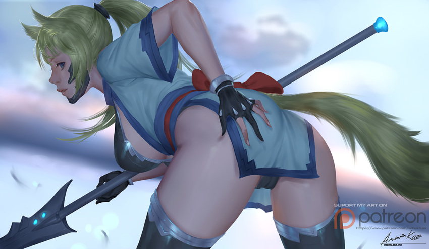 1girl animal_ears ariverkao ass bangs black_panties blonde_hair blue_eyes blurry blurry_background breasts dated gloves hand_on_own_ass holding holding_weapon large_breasts leaning_forward lips long_hair looking_at_viewer looking_back original outdoors panties partly_fingerless_gloves patreon_logo polearm ponytail short_sleeves signature solo spear tail thigh-highs underwear weapon