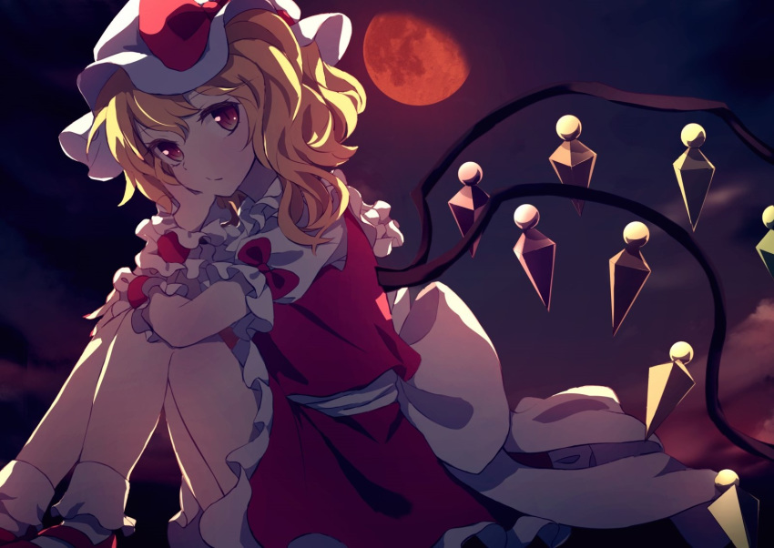 1girl blonde_hair closed_mouth crystal dise eyebrows_visible_through_hair flandre_scarlet full_moon hat highres legs looking_at_viewer mob_cap moon puffy_short_sleeves puffy_sleeves red_eyes red_moon short_hair short_sleeves sitting socks solo touhou white_headwear wings