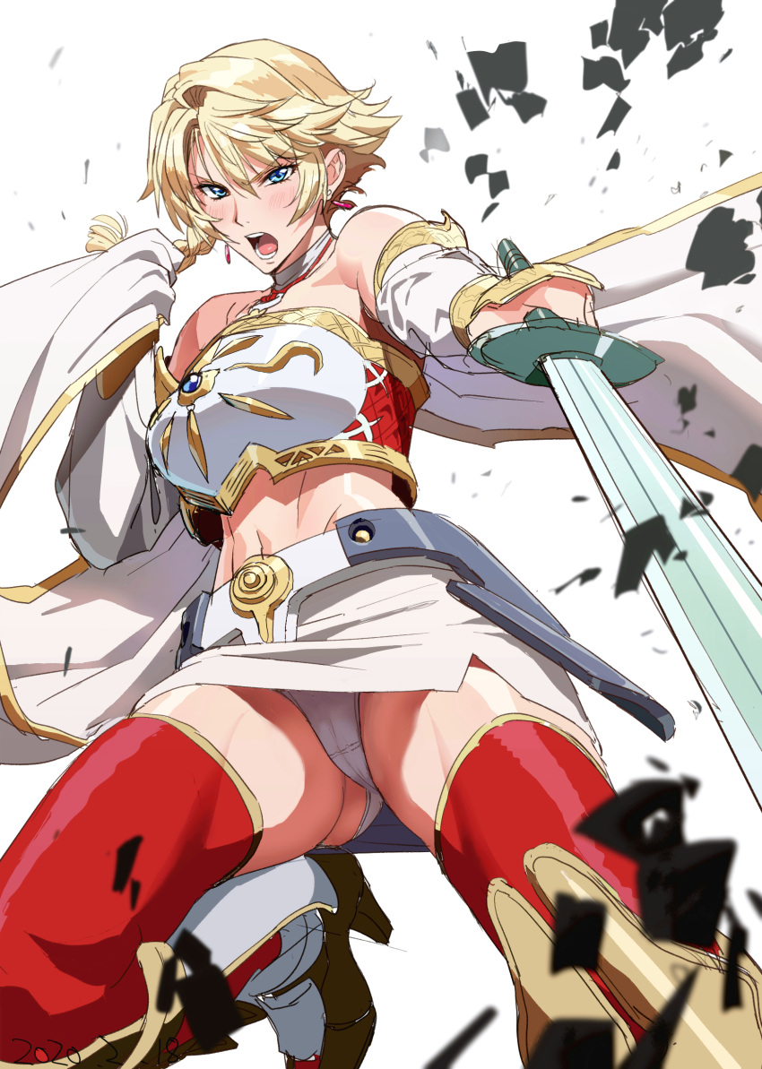 1girl abs absurdres ass_visible_through_thighs bare_shoulders blonde_hair blue_eyes boots braid breastplate cape earrings halterneck highres ishii_takamori jewelry knight looking_at_viewer navel open_mouth original panties pantyshot single_braid solo sword thigh-highs underwear vambraces weapon white_panties