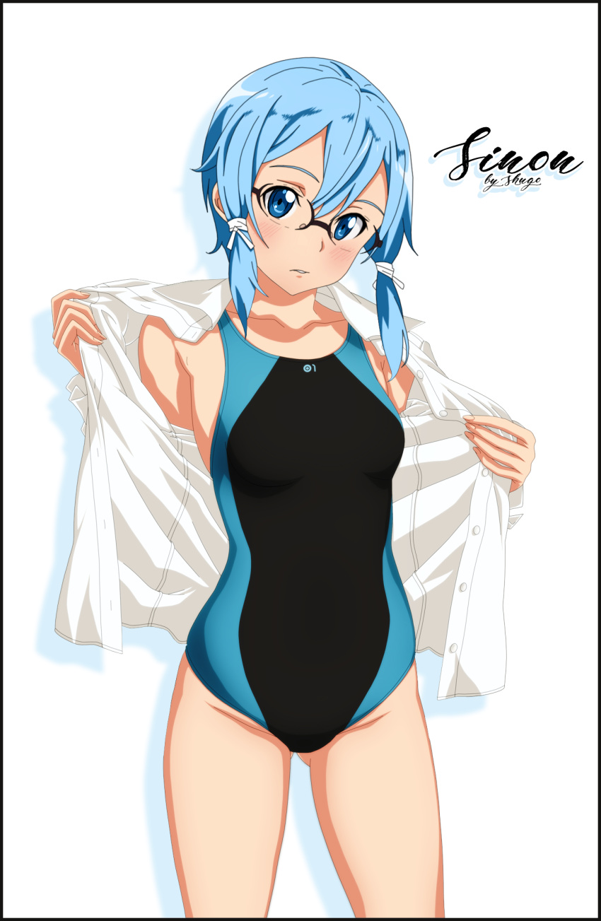 1girl artist_name black_swimsuit blue_eyes blue_hair blue_swimsuit character_name collarbone commentary glasses hair_between_eyes highres long_sleeves looking_at_viewer shirt short_hair shugo19 sinon solo swimsuit sword_art_online white_shirt