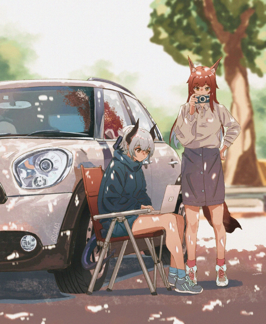 2girls alternate_costume animal_ears arknights artist_name asama_(drift_in) bare_legs black_footwear black_skirt blue_legwear blue_shorts blue_sweater brown_hair camera car chair collared_shirt computer day dragon_horns dragon_tail expressionless eyebrows_visible_through_hair folding_chair fox_ears fox_tail franka_(arknights) full_body ground_vehicle hand_on_hip highres hood hoodie horns laptop liskarm_(arknights) long_hair long_sleeves looking_at_viewer mini_cooper mini_cooper_countryman motor_vehicle multiple_girls outdoors red_legwear shirt shoes short_hair short_shorts shorts silver_hair sitting skirt sneakers socks standing sunlight sweater tail thighs tree vehicle_request white_footwear white_shirt yellow_eyes