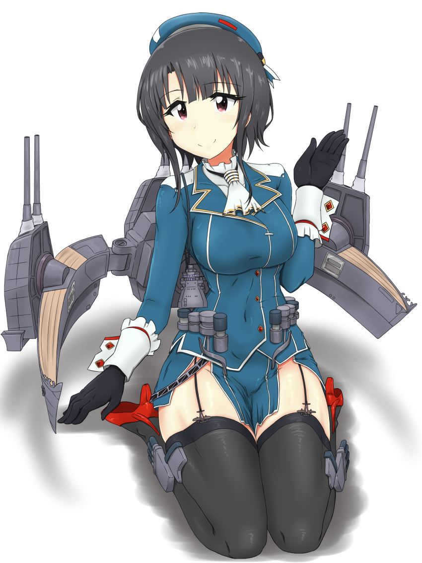 1girl beret black_gloves black_hair black_legwear blue_headwear breasts cannon garter_straps gloves hat high_heels highres kantai_collection kinpira_gobou large_breasts long_sleeves military military_uniform miniskirt red_eyes red_footwear rigging seiza short_hair sitting skirt smile solo takao_(kantai_collection) thigh-highs turret uniform