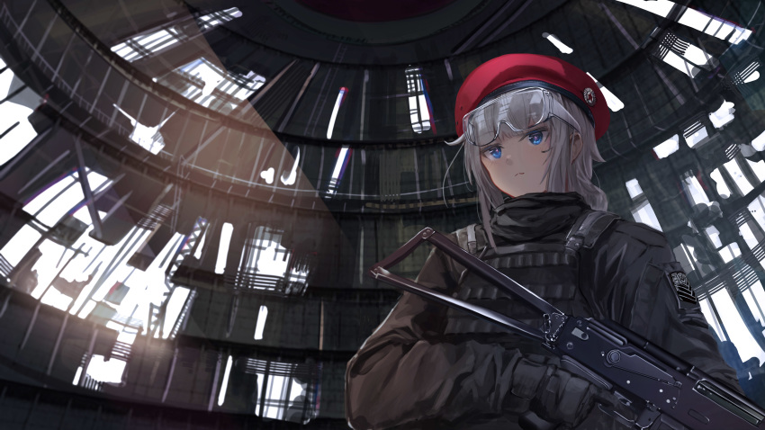 1girl :3 absurdres beret blue_eyes bulletproof_vest commentary_request dome from_below girls_frontline gloves gun hat highres long_hair nighttsound ots-12 ots-12_(girls_frontline) rifle ruins safety_glasses silver_hair solo star symbol-shaped_pupils tactical_clothes weapon