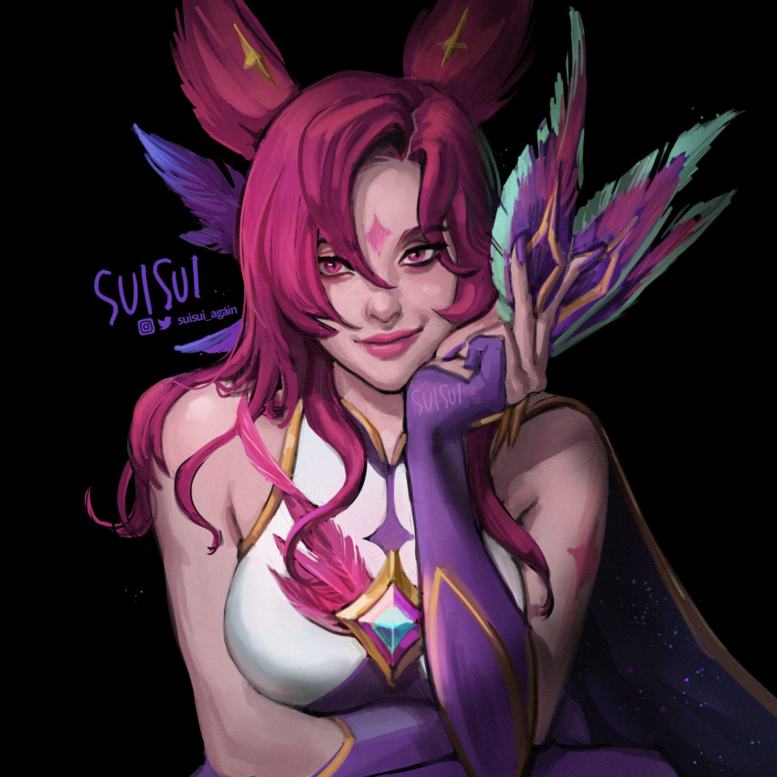 1girl animal_ears artist_name black_background breasts cape chin_rest elbow_gloves feathers gem gloves hair_between_eyes highres holding_feather large_breasts league_of_legends lips long_hair looking_at_viewer making-of_available nose partly_fingerless_gloves pink_eyes pink_hair purple_gloves sitting sleeveless smile solo suisui_again twitter_username xayah