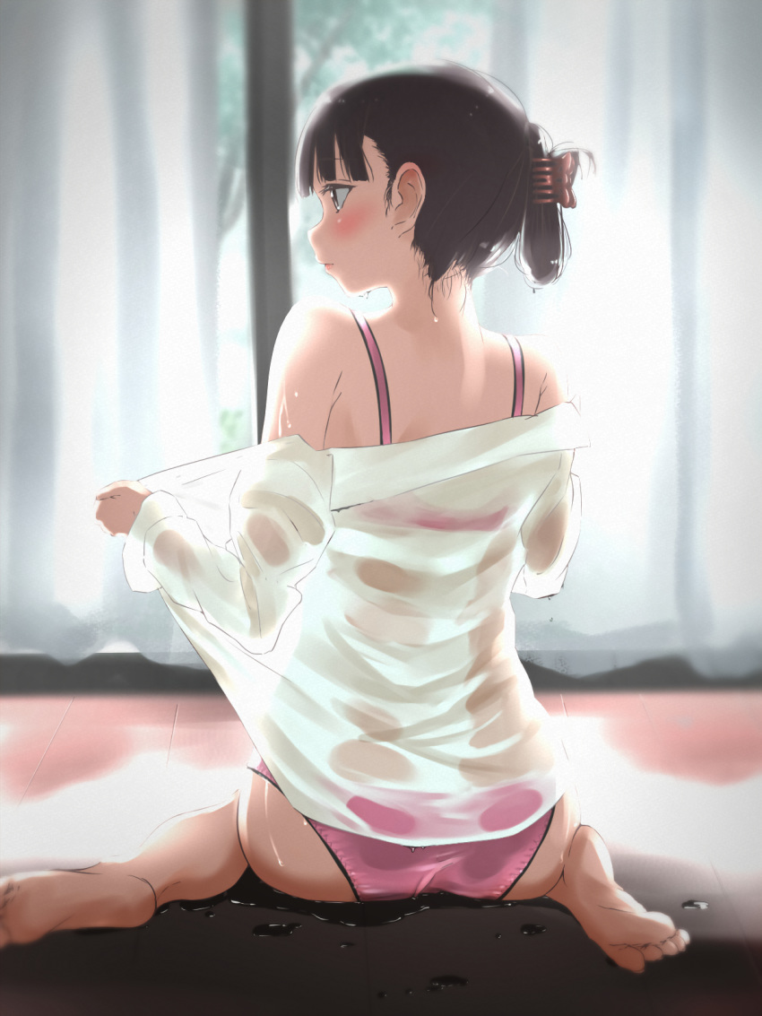 1girl ass back blush bra brown_eyes from_behind highres indoors looking_to_the_side original panties pink_bra pink_panties ponytail see-through shirt solo tama_(seiga46239239) underwear undressing water wet wet_clothes wet_shirt white_shirt