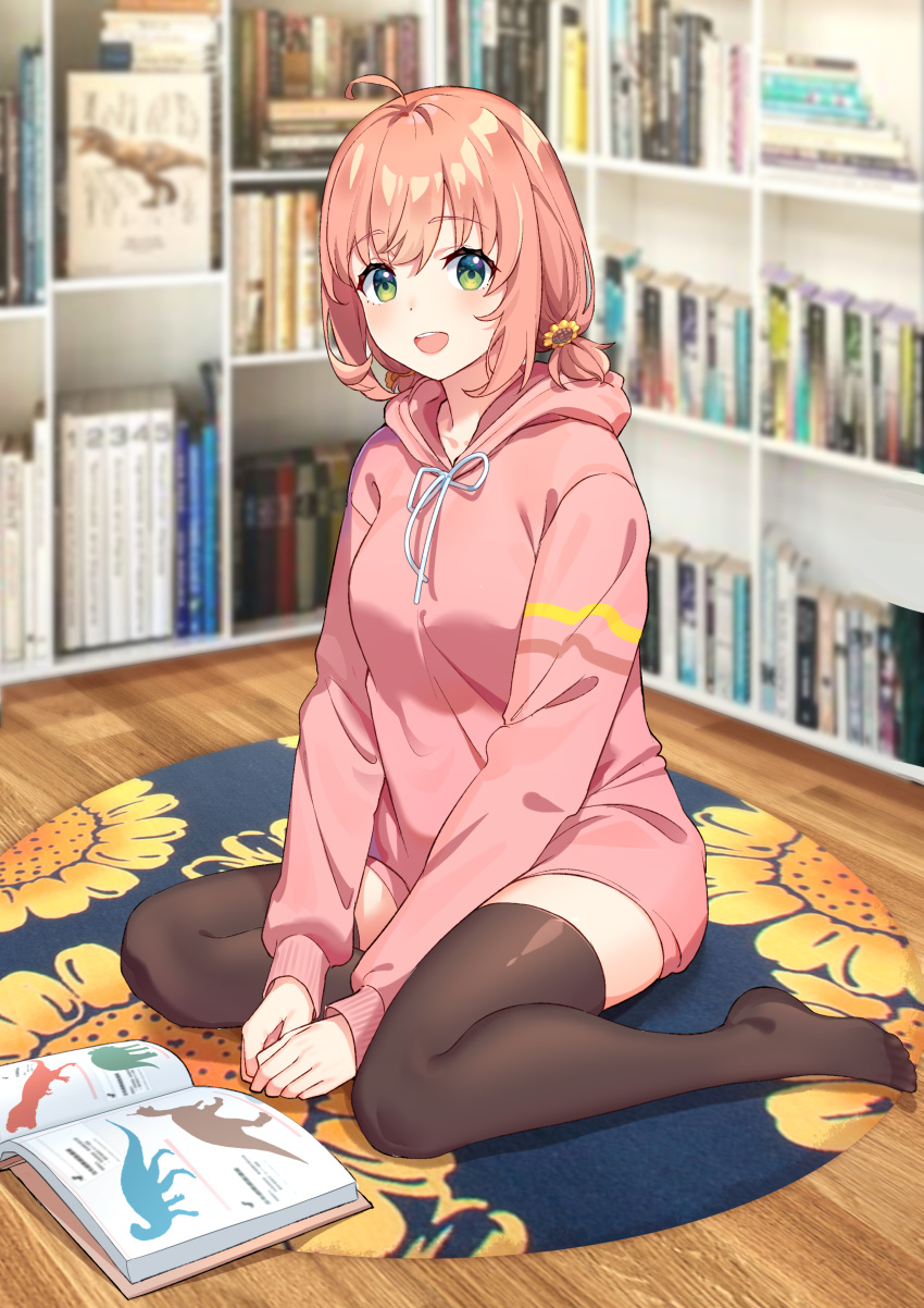 1girl :d absurdres ahoge between_legs book book_stack bookshelf brown_legwear dinosaur eyebrows_visible_through_hair feet flower green_eyes hair_flower hair_ornament hand_between_legs highres honma_himawari indoors kongbai looking_at_viewer nijisanji open_book open_mouth pantyhose pink_sweater redhead rug short_twintails sitting smile solo sweater thigh-highs twintails virtual_youtuber wariza wooden_floor