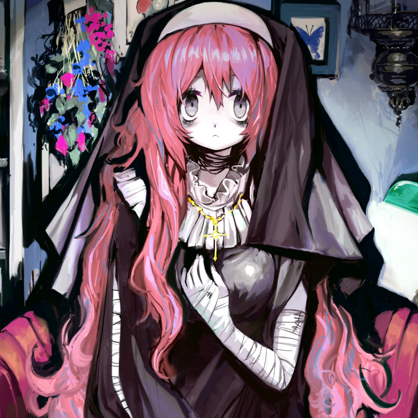 1girl @_@ afternooners bandaged_arm bandages blue_flower closed_mouth couch cross cross_necklace fingernails flower frills grey_eyes hair_between_eyes highres indoors jewelry long_hair necklace nun original pink_flower pink_hair portrait_(object) solo very_long_hair