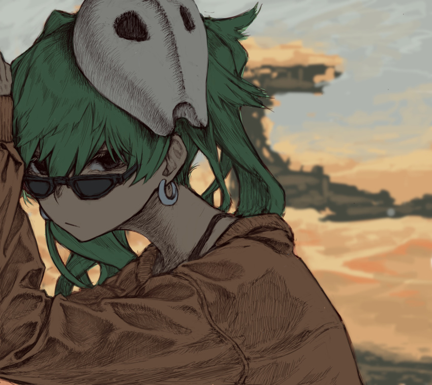 1girl bangs black_eyes bra_strap desert earrings expressionless green_hair hatsune_miku highres jacket jewelry koboshinn looking_at_viewer mask mask_on_head solo suna_no_wakusei_(vocaloid) sunglasses twintails vocaloid