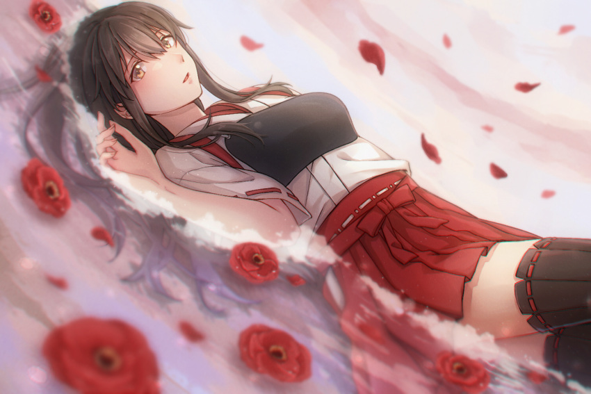 1girl akagi_(kantai_collection) asakawa_shinka black_legwear brown_eyes brown_hair flower hakama_skirt japanese_clothes kantai_collection long_hair lying muneate on_back red_flower red_skirt remodel_(kantai_collection) ribbon-trimmed_sleeves ribbon_trim skirt solo straight_hair tasuki thigh-highs