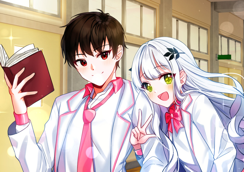 1boy 1girl :d bangs blazer blush book bow brown_hair closed_mouth door eyebrows_visible_through_hair flower-shaped_pupils green_eyes hair_intakes hand_up highres holding holding_book indoors jacket long_hair long_sleeves looking_at_viewer mamel_27 necktie open_blazer open_book open_clothes open_jacket open_mouth original pink_neckwear red_bow red_eyes shirt silver_hair sliding_doors smile upper_body very_long_hair w white_jacket white_shirt window