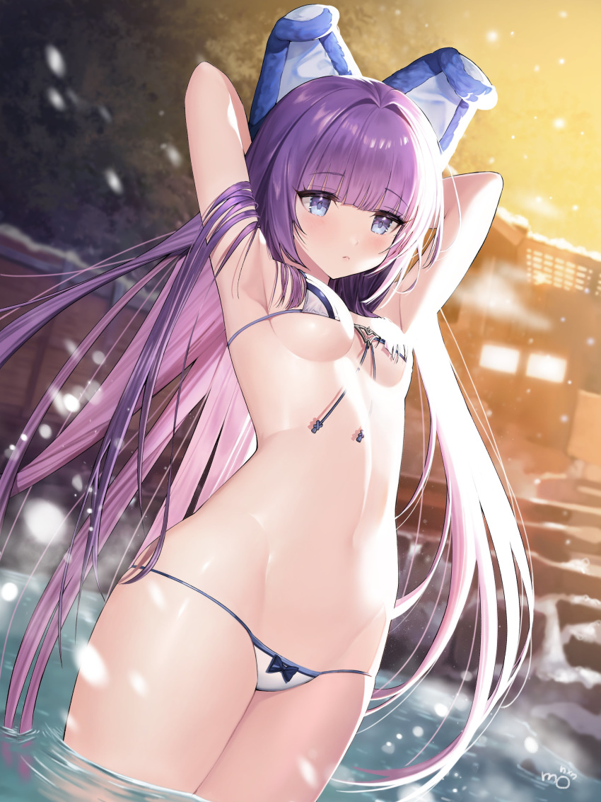 1girl absurdres animal_ears armpits arms_behind_head arms_up azur_lane bangs bare_shoulders bikini blue_bow blue_eyes blurry blush bow bow_bikini breasts closed_mouth commentary_request cowboy_shot day eyebrows_visible_through_hair fake_animal_ears front-tie_bikini front-tie_top gradient_hair groin hair_between_eyes highres legs_together long_hair micro_bikini midriff monini multicolored_hair navel outdoors partially_submerged pink_hair purple_hair ripples shiny shiny_skin sidelocks skindentation small_breasts snowing solo standing stomach string_bikini swimsuit tashkent_(azur_lane) thighs under_boob very_long_hair wading water white_bikini winter