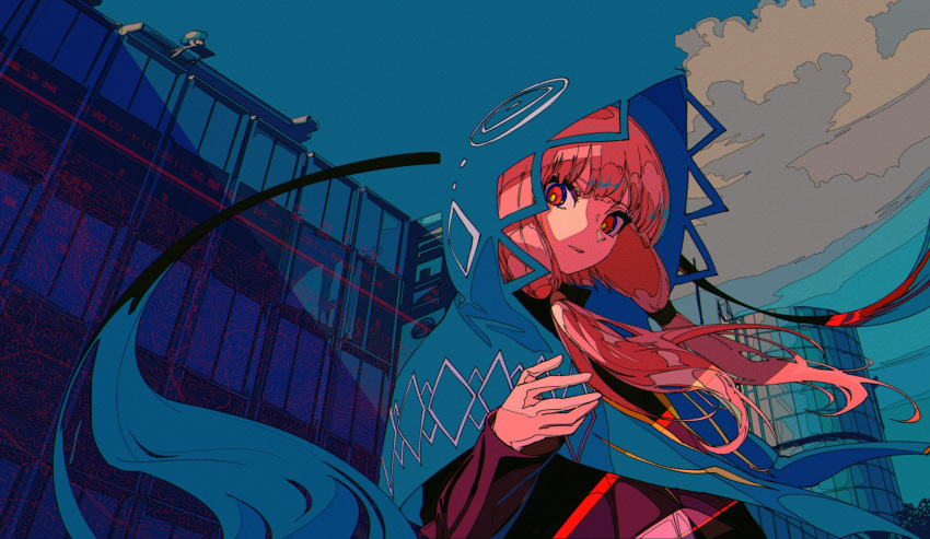 1girl bangs blending blunt_bangs building clouds cloudy_sky flat_color hand_up highres hood hood_up kogecha_(coge_ch) ligne_claire long_hair long_sleeves looking_at_viewer low_twintails multicolored multicolored_eyes original outdoors red_eyes redhead sky solo twintails upper_body