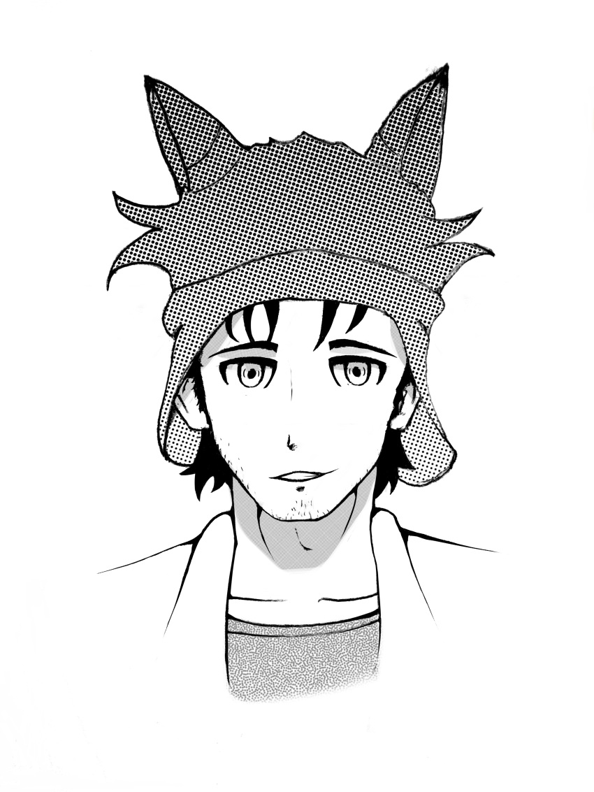 1boy absurdres animal_ears black_hair cat_ears facial_hair grey_shirt greyscale highres labcoat looking_at_viewer monochrome okabe_rintarou shirt steins;gate white_background