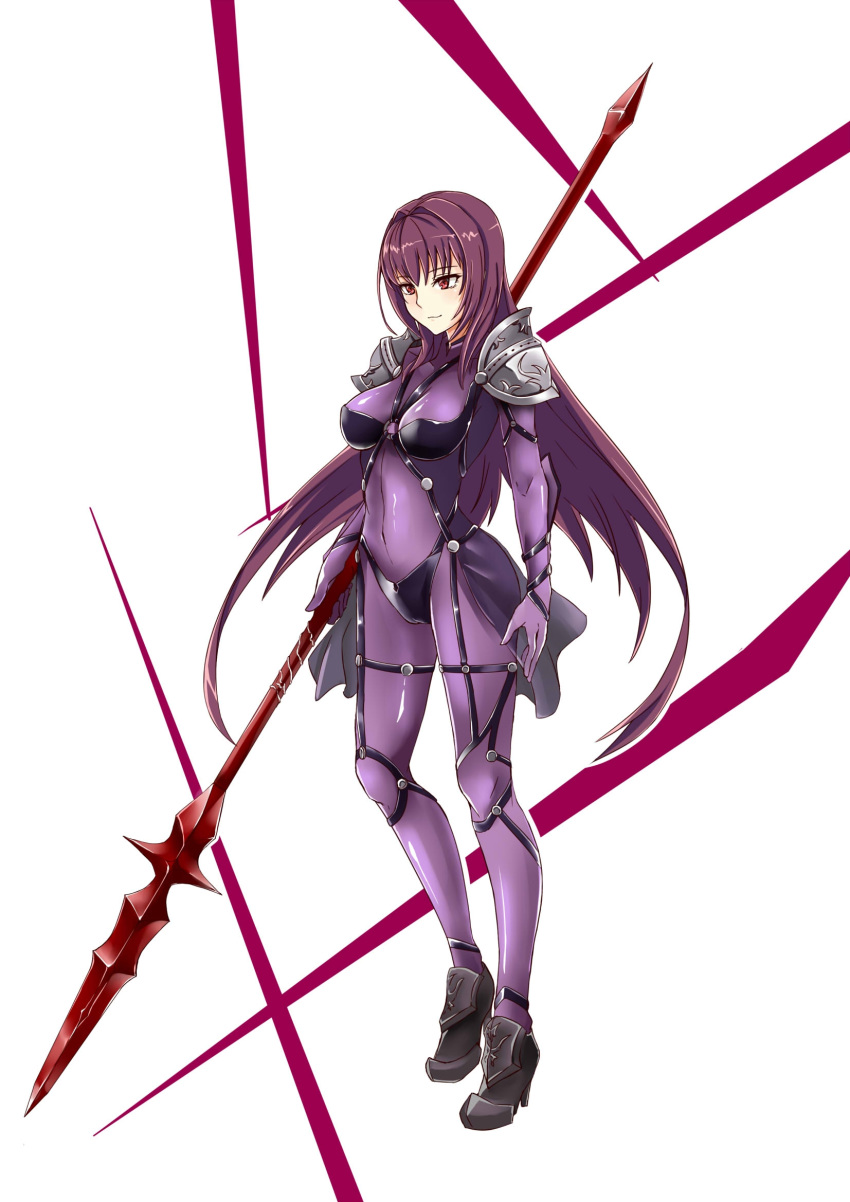 bodysuit breasts covered_navel fate/grand_order fate_(series) gae_bolg hair_intakes highres holding holding_weapon kultur leotard light_smile long_hair looking_afar pauldrons polearm purple_bodysuit purple_hair purple_leotard red_eyes scathach_(fate)_(all) scathach_(fate/grand_order) shoulder_armor spear weapon white_background