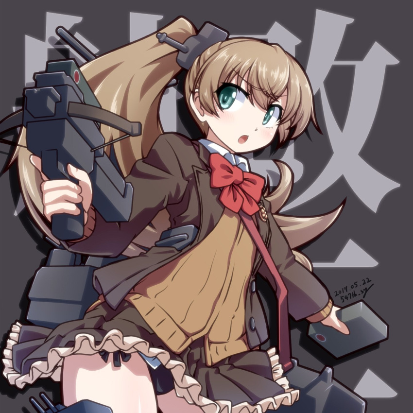 1girl 547th_sy background_text black_panties blazer blue_eyes bow bow_(weapon) bowtie brown_hair brown_jacket brown_skirt cardigan commentary_request cowboy_shot crossbow frilled_skirt frills grey_background highres jacket kantai_collection kumano_(kantai_collection) long_hair machinery open_mouth orange_neckwear panties ponytail school_uniform skirt solo underwear weapon