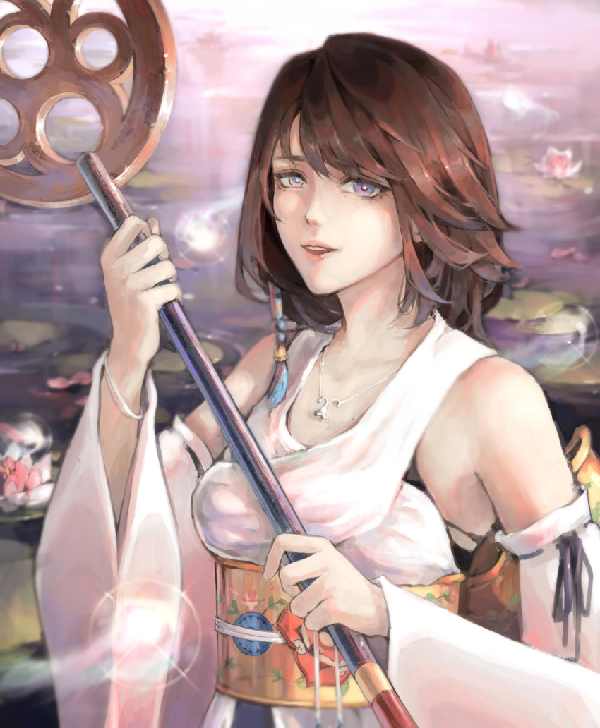 1girl :d =d absurdres bangs beads black_bra blue_eyes bra bra_strap bracelet breasts brown_hair chiaokelate commentary detached_sleeves final_fantasy final_fantasy_x floral_print flower highres holding holding_staff japanese_clothes jewelry kimono lily_pad looking_at_viewer lotus medium_breasts medium_hair necklace open_mouth orb outdoors ribbon_trim sash smile solo staff underwear upper_body upper_teeth water wide_sleeves yellow_sash yuna_(ff10)
