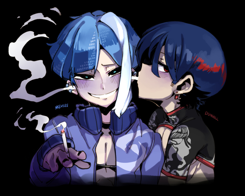 2boys black_background blowing_in_ear blowing_smoke blue_eyes blue_hair blush cigarette doppel_(bonnypir) dunhill earrings grin highres jewelry looking_at_viewer male_focus mevius multicolored_hair multiple_boys personification red_eyes redhead smile streaked_hair white_hair