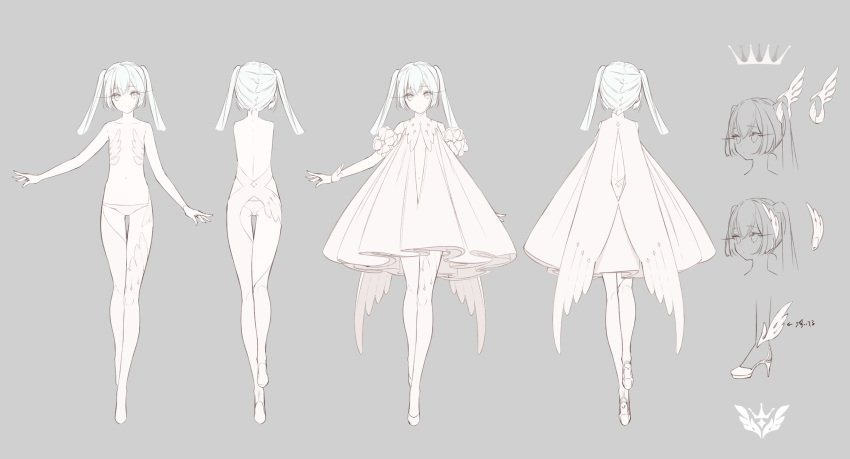 1girl absurdres ankle_wings bare_shoulders character_sheet closed_mouth collarbone commentary dot_nose dress fake_wings fingernails grey_background grey_eyes hatsune_miku highres long_eyelashes long_fingernails long_hair navel simple_background thigh-highs twintails vocaloid white_dress white_footwear white_hair white_legwear wings yoggi_(stretchmen)