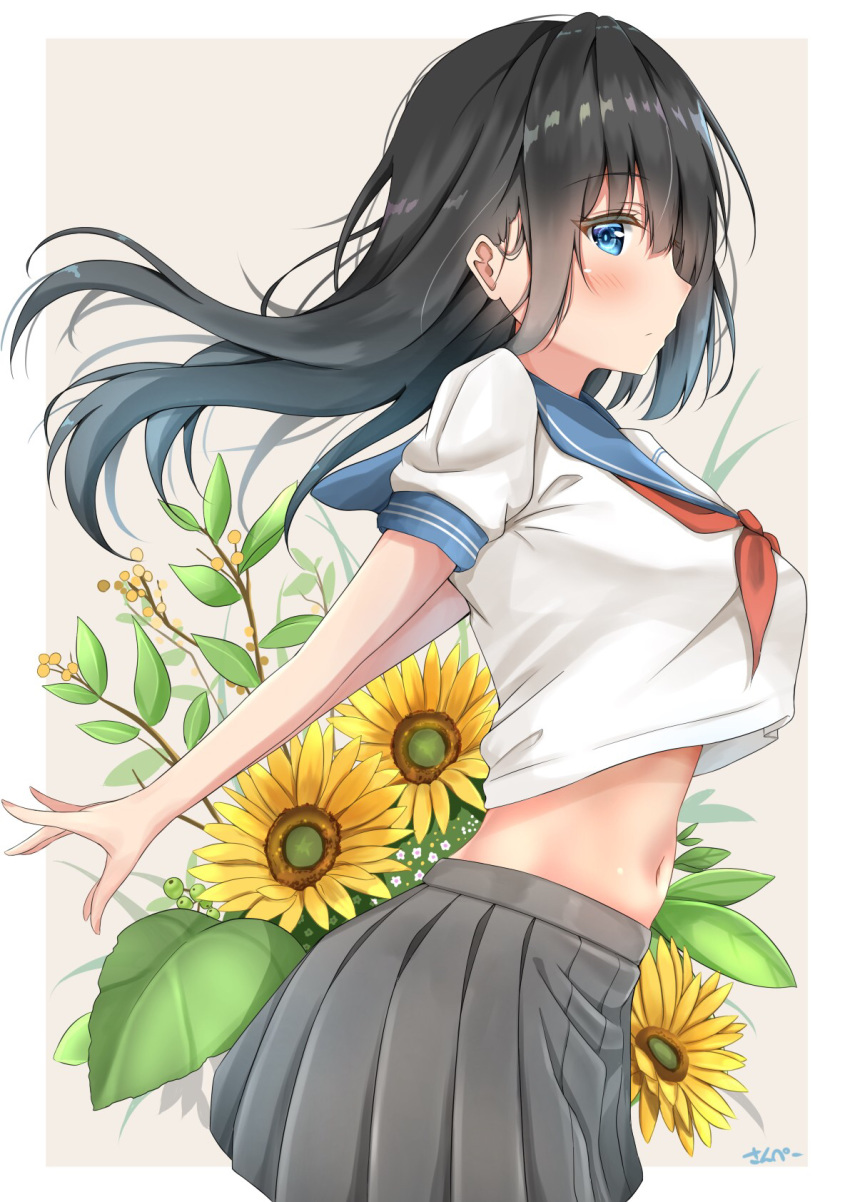 1girl bangs blue_eyes blush breasts commentary_request crop_top crop_top_overhang eyebrows_visible_through_hair flower from_side frown grey_skirt highres large_breasts long_hair looking_at_viewer midriff navel original pleated_skirt profile school_uniform serafuku short_sleeves skirt solo sunflower sunsun2812