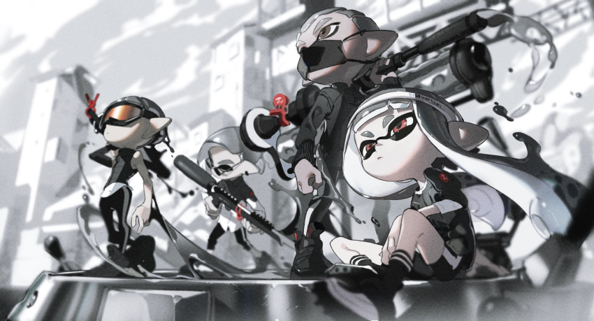 1girl 3boys city dynamo_roller_(splatoon) goggles highres inkling mask mouth_mask multiple_boys over_shoulder pants shoes shorts sitting sneakers splat_charger_(splatoon) splatoon_(series) spot_color tentacle_hair weapon weapon_over_shoulder yoneyama_mai