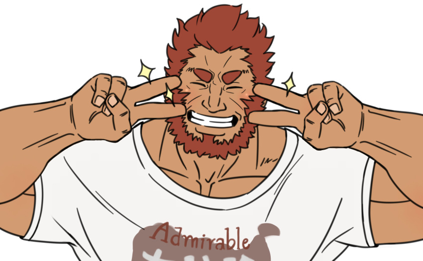 1boy beard blush chest closed_mouth double_v emotional_engine_-_full_drive facial_hair fate/grand_order fate_(series) feiya6022 hands_up highres looking_at_viewer male_focus muscle parody pectorals redhead rider_(fate/zero) shirt simple_background smile solo sparkle star t-shirt v white_background