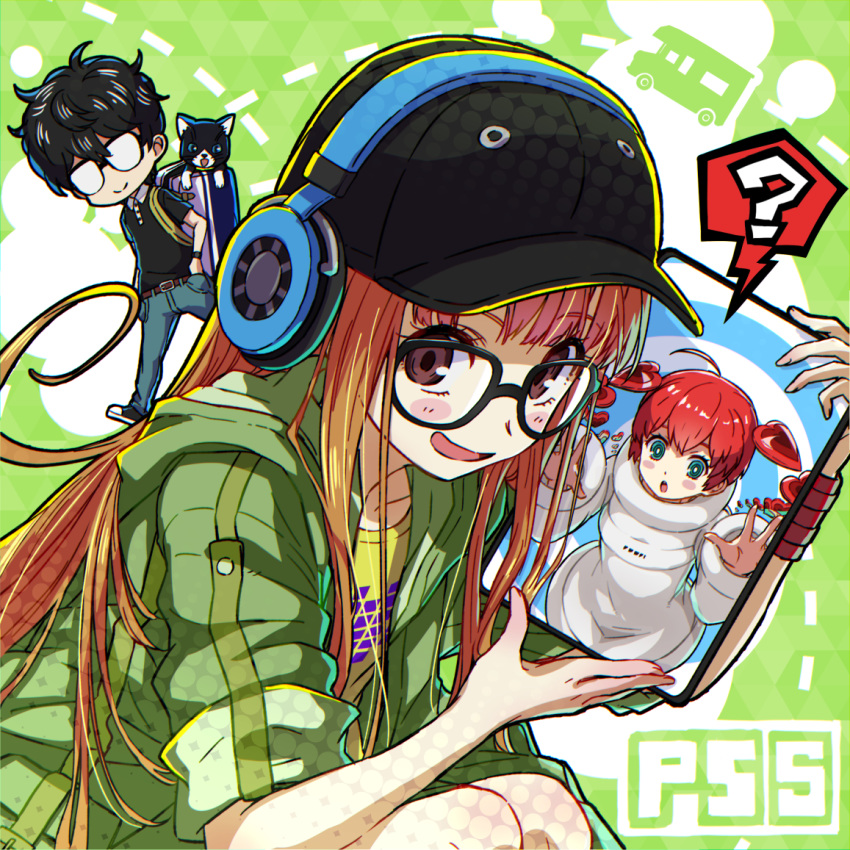 1boy 2girls :o ? ahoge amamiya_ren animal backpack bag bangs baseball_cap black-framed_eyewear black_hair black_headwear blue_eyes blush_stickers bracelet brown_eyes brown_hair cat closed_mouth commentary_request copyright_name denim detached_hair glasses green_jacket hands_in_pockets hat headphones heart holding jacket jeans jewelry kingin long_hair looking_at_viewer morgana_(persona_5) multiple_girls opaque_glasses open_clothes open_jacket open_mouth pants persona persona_5 persona_5_scramble:_the_phantom_strikers redhead sakura_futaba smile sophia_(p5s) spoken_question_mark tablet_pc twintails