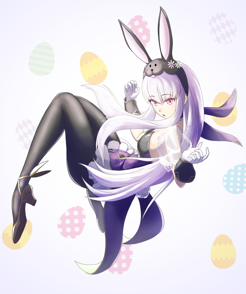1girl absurdres animal_ears black_legwear fake_animal_ears fire_emblem fire_emblem:_three_houses fire_emblem_heroes from_side full_body gloves gzo1206 high_heels highres long_hair looking_to_the_side lysithea_von_ordelia open_mouth pink_eyes rabbit_ears solo white_gloves white_hair