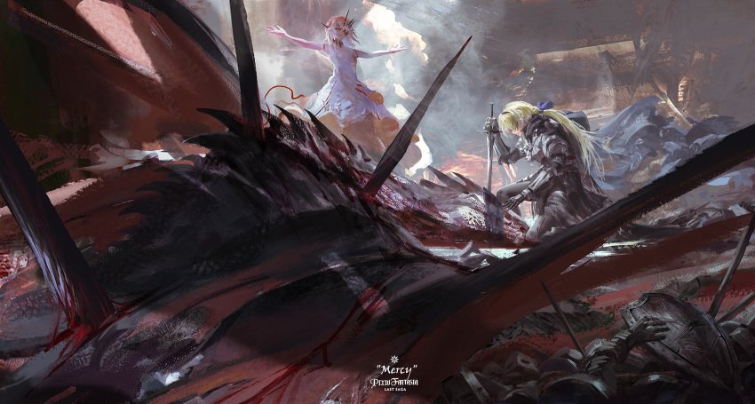 2girls 6+others armor bleeding blonde_hair blood blue_bow blue_cape bow cape death dragon dress english_text hair_bow hair_over_one_eye helmet highres holding holding_sword holding_weapon injury kneeling light_rays long_hair medium_hair multiple_girls multiple_others open_mouth outdoors outstretched_arms pixiv_fantasia pixiv_fantasia_last_saga planted planted_weapon rubble scratches shield smile smoke spread_arms stu_dts sword torn_cape torn_clothes torn_wings weapon white_dress white_hair wings