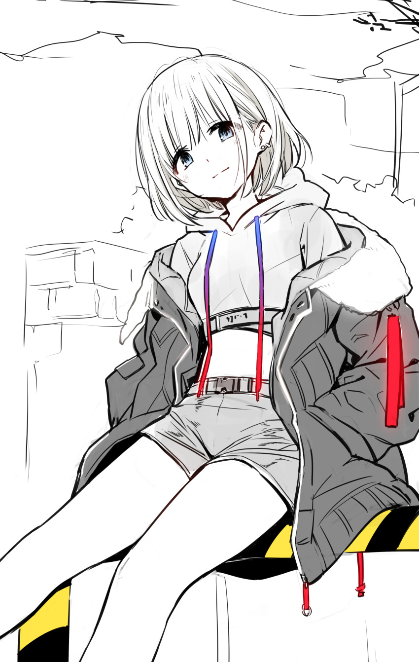 1girl absurdres bangs belt blue_eyes breasts closed_mouth cropped_hoodie drawstring fpanda hands_in_pockets highres idolmaster idolmaster_shiny_colors jacket long_sleeves looking_at_viewer monochrome off_shoulder open_clothes open_jacket open_mouth serizawa_asahi short_hair shorts sitting small_breasts smile solo thighs