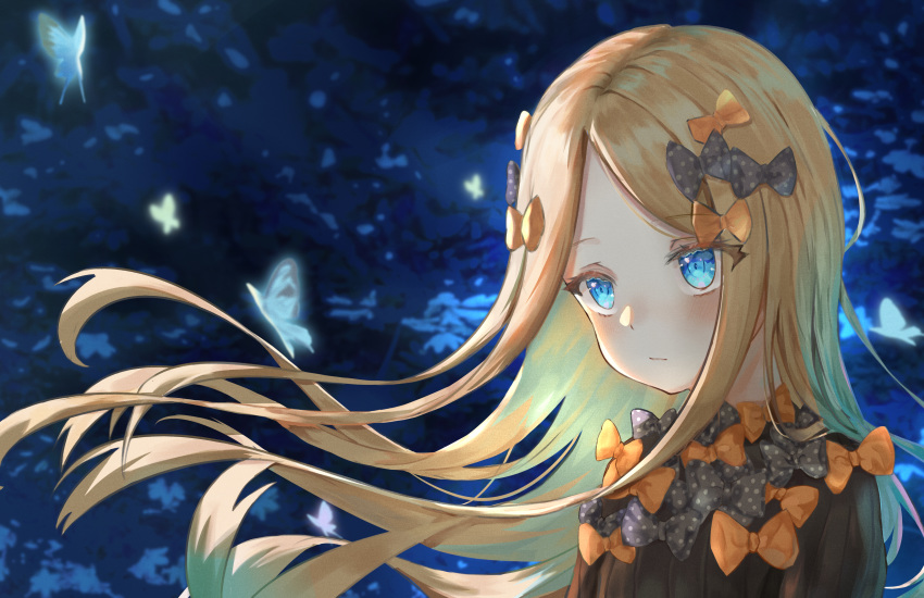 1girl abigail_williams_(fate/grand_order) absurdres bangs black_bow blonde_hair blue_eyes blush bow bug butterfly commentary_request dress eyebrows_visible_through_hair fate/grand_order fate_(series) hair_bow highres huge_filesize insect long_hair niino1123 orange_bow parted_bangs polka_dot polka_dot_bow solo very_long_hair