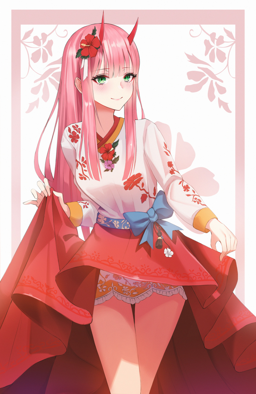 1girl absurdres alternate_costume bangs blue_bow blush bow breasts commentary darling_in_the_franxx eyebrows_visible_through_hair green_eyes hanbok highres horns huge_filesize junkt729 korean_clothes long_hair long_sleeves looking_at_viewer oni_horns pink_hair red_horns smile solo zero_two_(darling_in_the_franxx)