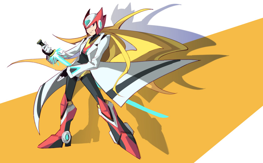 1boy alternate_costume android armor black_eyes blonde_hair closed_mouth coat energy_sword fingerless_gloves gloves helmet highres holding holding_sword holding_weapon labcoat long_hair male_focus norue6 ponytail robot rockman rockman_x rockman_x_dive smile solo sword very_long_hair weapon white_background zero_(rockman)