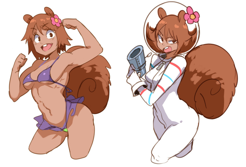 1girl animal_ears arm_up astronaut_helmet bikini breasts brown_eyes brown_hair cowboy_shot dark_skin eyebrows_visible_through_hair flower gloves gun hair_flower hair_ornament highres holding holding_gun holding_weapon humanization lightsource looking_at_viewer medium_breasts multiple_views navel purple_bikini sandy_cheeks short_hair simple_background spongebob_squarepants squirrel_ears squirrel_girl squirrel_tail swimsuit tail teeth thighs weapon white_background white_gloves