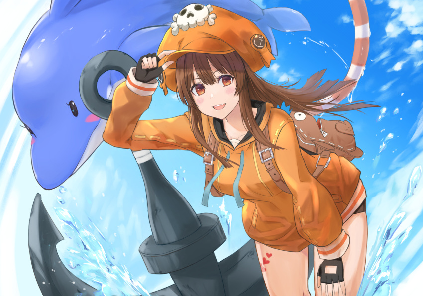 1girl anchor backpack bag bangs black_gloves black_shorts blush brown_eyes brown_hair day dolphin drawstring eno_(joqeve) fingerless_gloves gloves guilty_gear guilty_gear_strive hat heart highres leaning_forward long_hair long_sleeves looking_at_viewer may_(guilty_gear) open_mouth orange_headwear orange_hoodie pirate pirate_hat short_shorts shorts skull_and_crossbones sky smile solo water