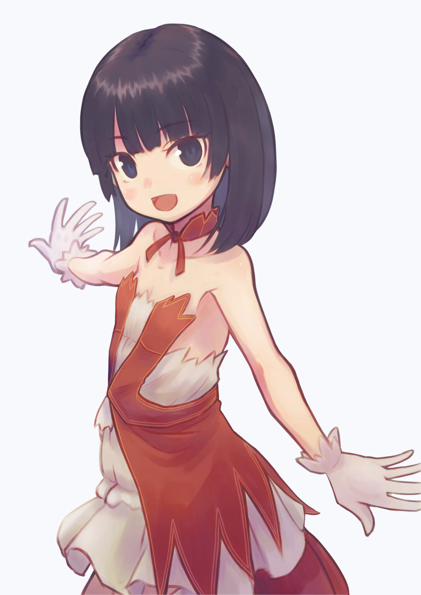 1girl absurdres armpit_crease bare_shoulders black_hair blush collar collarbone dress flat_chest gloves highres himenogi_rinze looking_at_viewer love_r medium_hair open_mouth saisho_no_nakama simple_background solo white_gloves