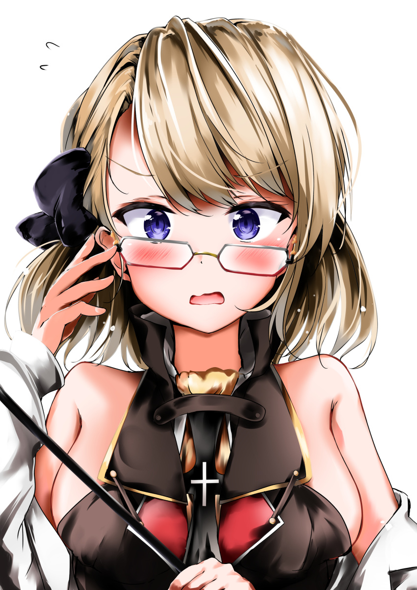 1girl absurdres adjusting_eyewear azur_lane bangs bare_shoulders black_bow black_neckwear black_shirt blue_eyes blush bow breasts coat commentary_request cross eyebrows_visible_through_hair flying_sweatdrops glasses hair_bow hand_up highres holding_pointer kuromiko_shoujo labcoat light_brown_hair looking_at_viewer medium_breasts necktie off-shoulder_coat off_shoulder open_mouth pointer ribbon shirt short_hair sideboob simple_background sleeveless sleeveless_shirt solo upper_body white_background white_coat z23_(azur_lane) z23_(teacher_of_philosophy)_(azur_lane)