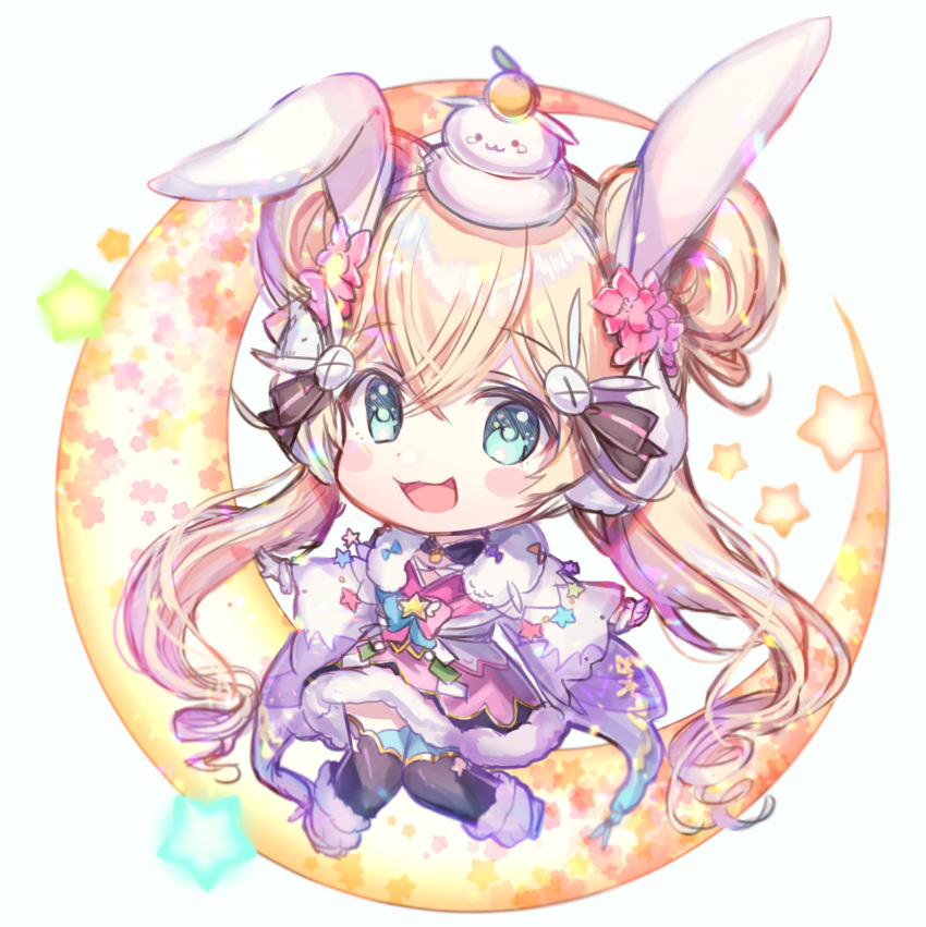 &gt;_&lt; 1girl :d animal_ears bangs black_legwear blonde_hair blue_eyes boots bunny_hair_ornament chibi crescent double_bun dress eyebrows_visible_through_hair flower full_body fur-trimmed_boots fur-trimmed_dress fur-trimmed_gloves fur_trim gloves hair_between_eyes hair_flower hair_ornament highres kagami_mochi long_sleeves looking_at_viewer low_twintails on_head open_mouth outstretched_arms pink_dress pink_flower rabbit_ears rukako shironeko_project smile solo spread_arms star thigh-highs tsukimi_(shironeko_project) twintails white_background white_footwear white_gloves wide_sleeves