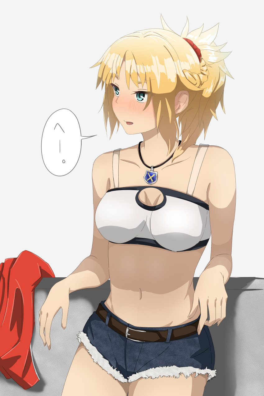 1girl absurdres artist_request bangs bare_arms bare_shoulders belt blonde_hair blush braid breasts brown_belt collarbone commentary_request eyebrows_visible_through_hair fate/grand_order fate_(series) fur_trim green_eyes highres jacket jacket_removed jewelry long_hair mordred_(fate) mordred_(fate)_(all) navel necklace ponytail red_jacket red_scrunchie scrunchie short_shorts shorts smile solo