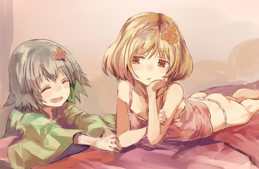 2girls ^_^ aki_shizuha ass bare_legs bare_shoulders blonde_hair breasts chin_rest closed_eyes fundoshi grey_hair hair_ornament highres japanese_clothes leaf_hair_ornament lying medium_breasts multiple_girls no_pants on_stomach open_mouth original red_eyes sideways_glance smile tank_top touhou yohane