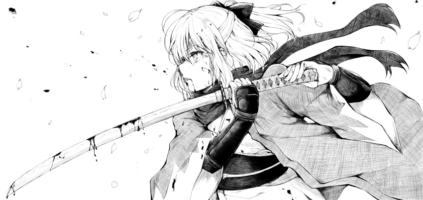 ahoge armor black_scarf blood bow cherry_blossoms cuts eyebrows_visible_through_hair fate_(series) fighting_stance from_side greyscale hair_bow haori highres hitotsuba holding holding_sword holding_weapon injury japanese_clothes katana kimono monochrome obi okita_souji_(fate) okita_souji_(fate)_(all) sash scarf short_hair short_kimono solo sword translation_request upper_body weapon wind