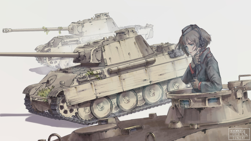 1girl akaboshi_koume bangs black_jacket blue_eyes brown_gloves brown_hair commentary dated dutch_angle english_text fading garrison_cap german_commentary girls_und_panzer gloves grey_background grey_bag ground_vehicle hand_on_own_throat hat headphones highres jacket kuromorimine_military_uniform long_sleeves military military_uniform military_vehicle motor_vehicle panzerkampfwagen_panther parted_lips shadow short_hair solo tank uniform useless wavy_hair
