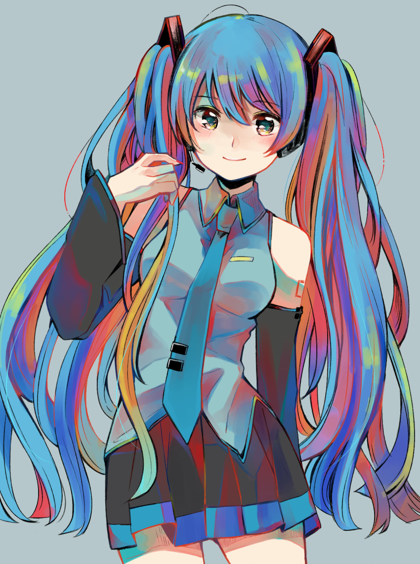 1girl alternate_hair_color aqua_neckwear bangs black_eyes black_skirt collared_shirt cowboy_shot detached_sleeves eyebrows_visible_through_hair grey_background grey_shirt hatsune_miku headphones headset highres long_hair looking_at_viewer microphone multicolored_hair necktie pleated_skirt rainbow_hair red_nails richard_(ri39p) shirt simple_background skirt sleeveless sleeveless_shirt smile solo twintails very_long_hair vocaloid