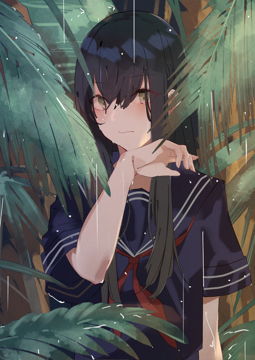 1girl absurdres bangs black_hair blush closed_mouth eyebrows_visible_through_hair fern green_eyes hair_between_eyes highres leglet4 long_hair original rain red_neckwear sailor_collar school_uniform serafuku short_sleeves solo upper_body