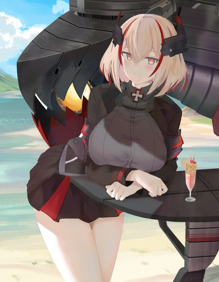 1girl armlet azur_lane bangs beach black_jacket black_shirt black_skirt blonde_hair blue_sky blush breasts brown_eyes buttons clouds collared_shirt commentary_request cowboy_shot cup day drink drinking_glass drinking_straw eyebrows_visible_through_hair food fruit hair_between_eyes headgear highres horizon iron_cross jacket large_breasts lemon lemon_slice long_sleeves looking_at_viewer multicolored_hair no_gloves ocean outdoors redhead rigging roon_(azur_lane) ru_zhai sand shade shadow shirt short_hair sidelocks skirt sky smile solo streaked_hair table
