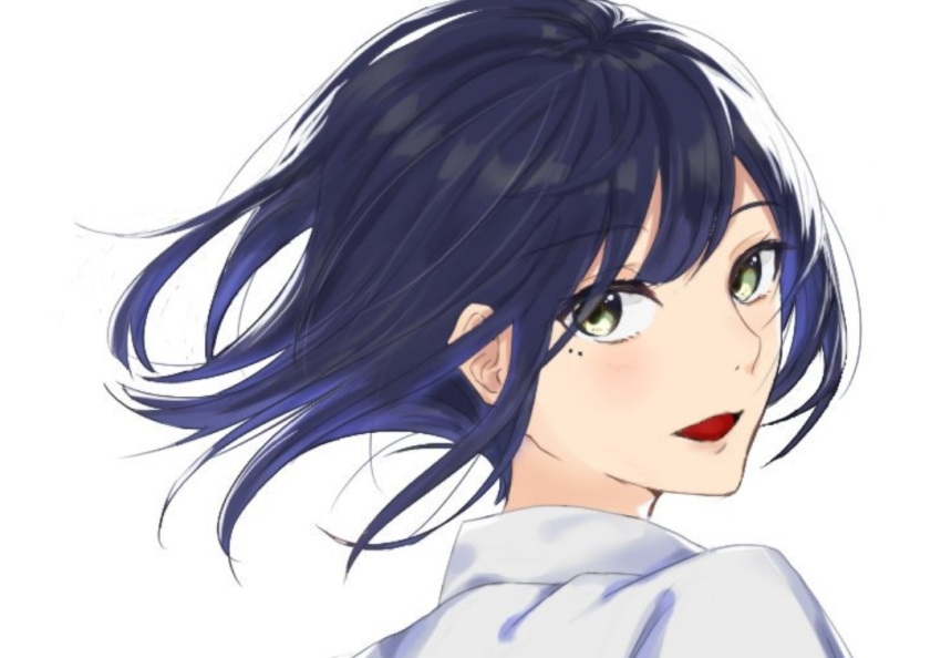 :d bangs blue_hair blush character_request collared_shirt eyebrows_visible_through_hair floating_hair from_behind green_eyes looking_at_viewer looking_back nijisanji open_mouth shirt simple_background smile solo tsumetsume_zerii upper_body virtual_youtuber white_background white_shirt