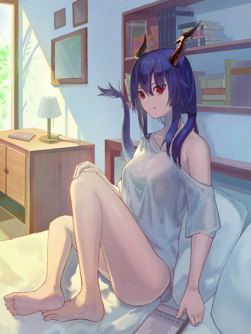 1girl arknights bangs bare_legs bare_shoulders barefoot bed blue_hair book bookshelf breasts ch'en_(arknights) dragon_horns dragon_tail hair_between_eyes highres horns indoors knee_up koharu1807 lamp large_breasts long_hair looking_at_viewer naked_shirt no_pants off-shoulder_shirt off_shoulder picture_frame pillow red_eyes shirt short_sleeves sitting smile solo tail thighs white_shirt